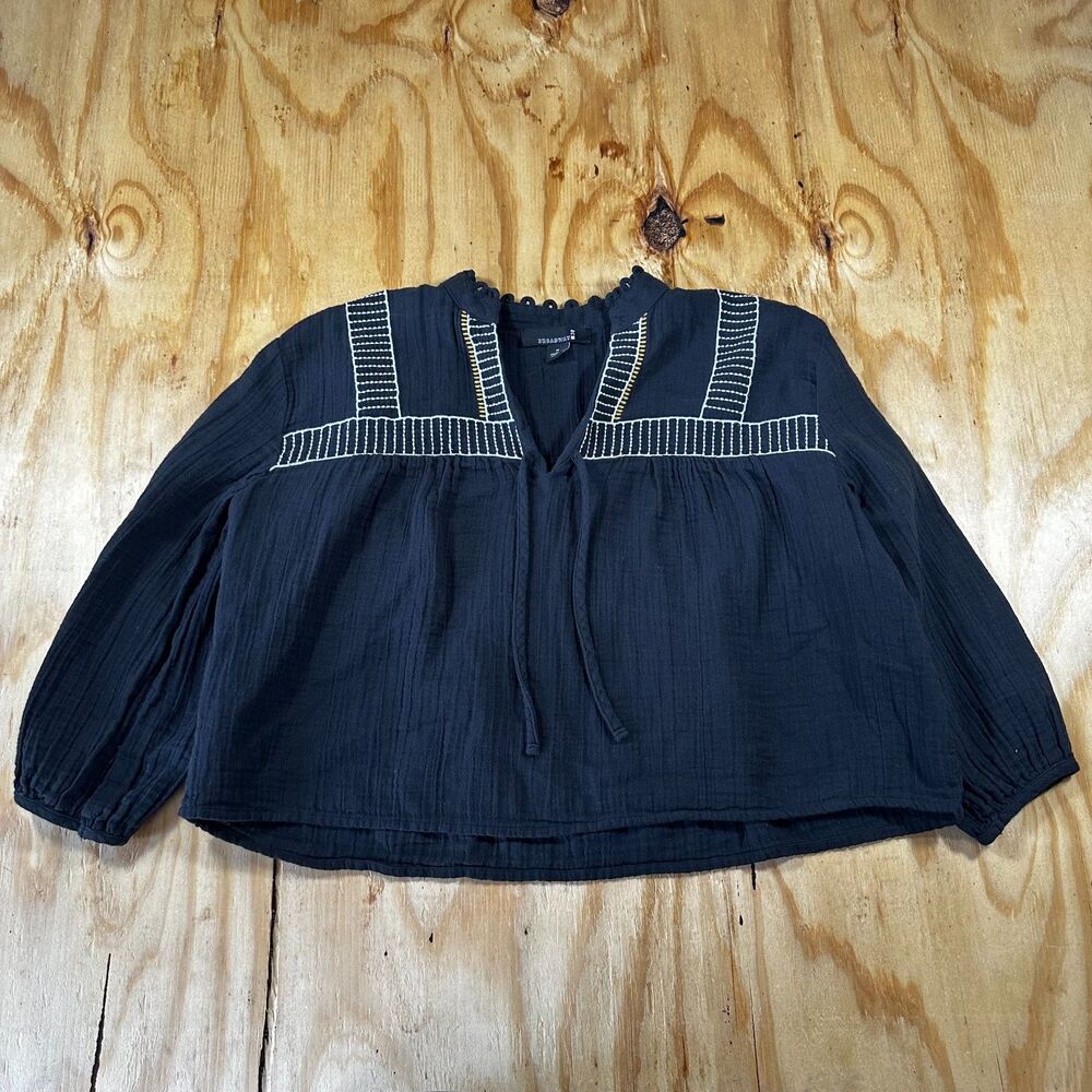 Broadway Black Gauze Embroidered Peasant Blouse